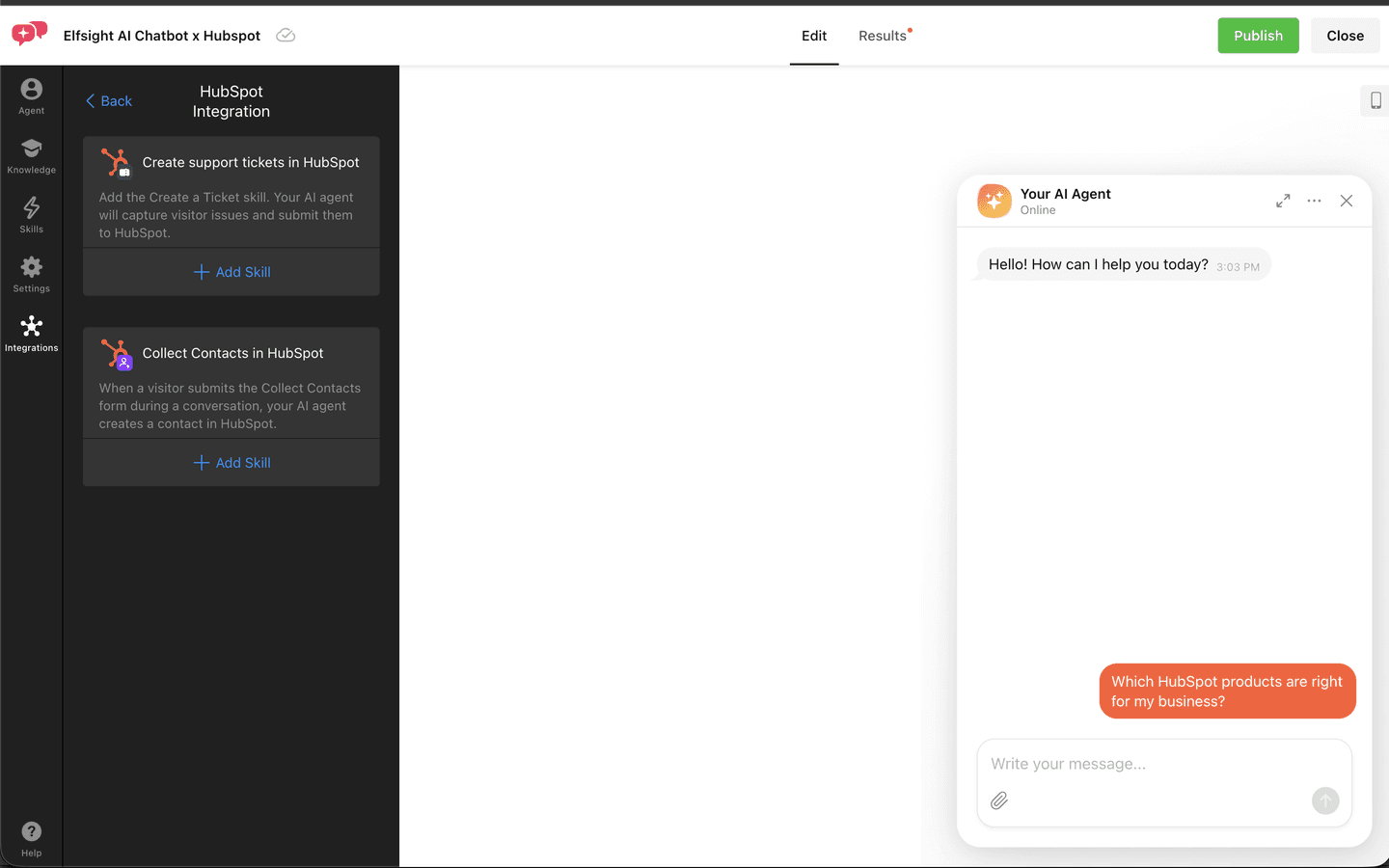 HubSpot Integration page in the widget editor, with Add Skill under Create support tickets in HubSpot and Collect Contacts in HubSpot