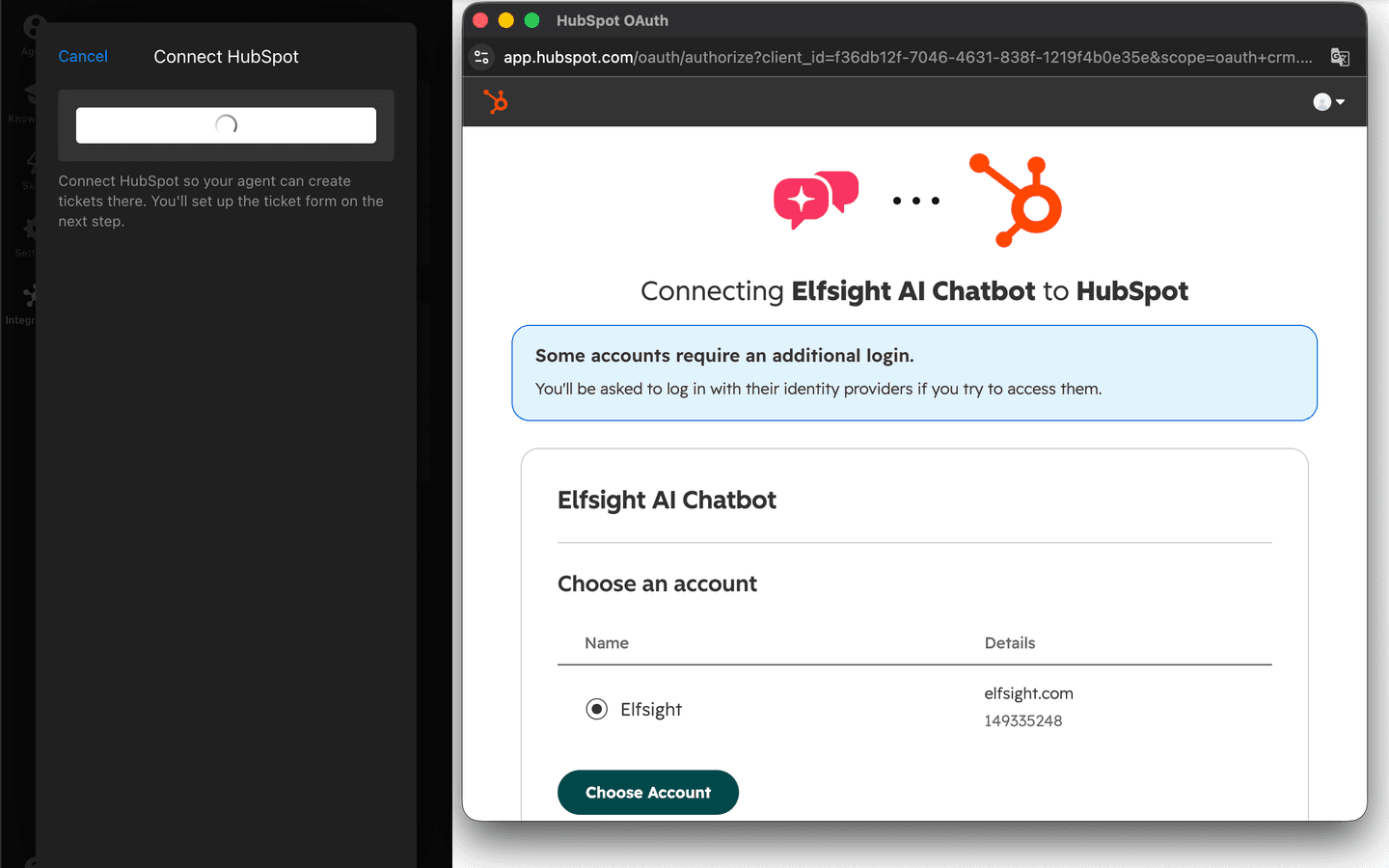 HubSpot window titled Connecting Elfsight AI Chatbot to HubSpot, asking you to choose an account