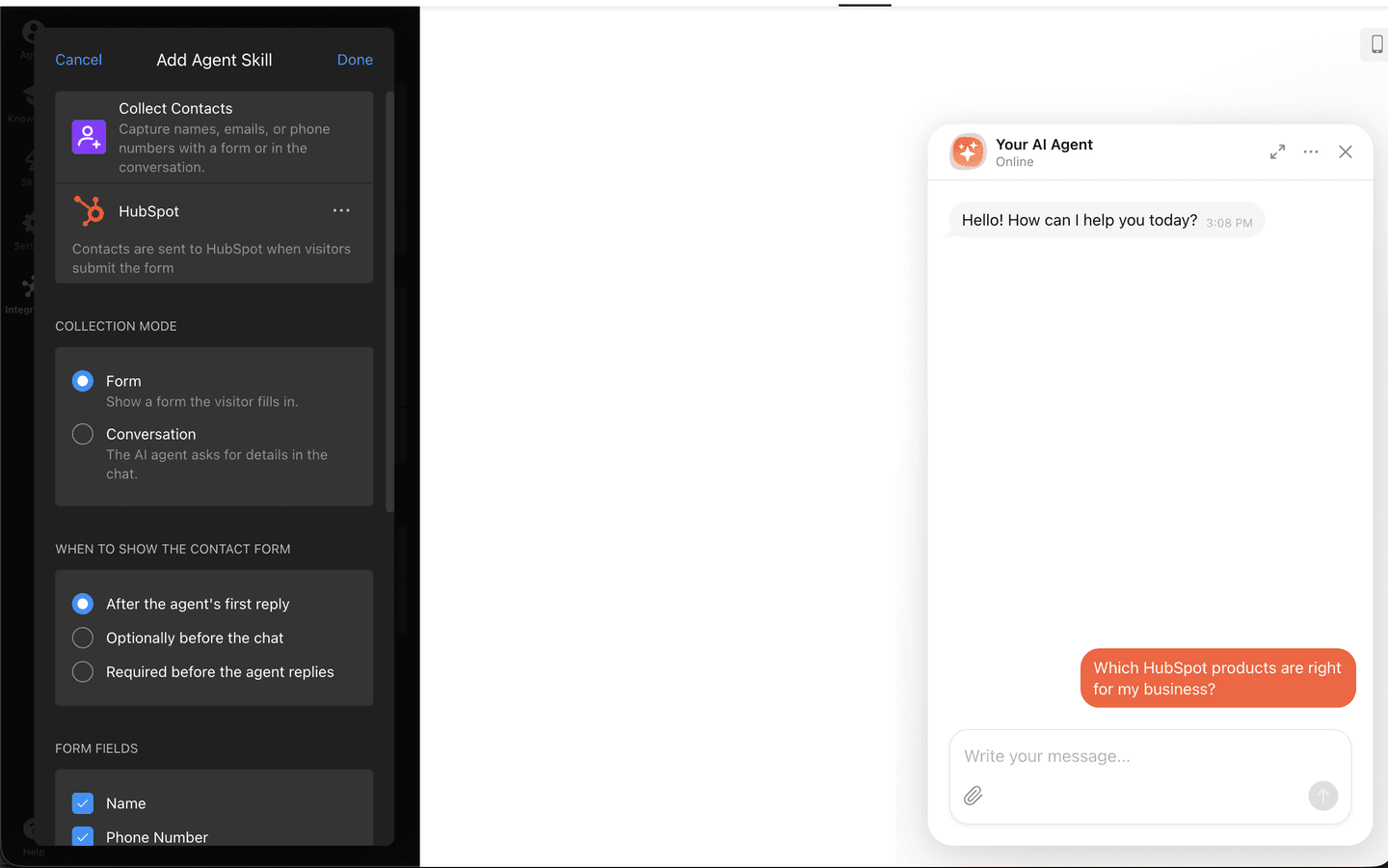 Add Agent Skill page for Collect Contacts, with HubSpot selected and the form set to show after the agent's first reply