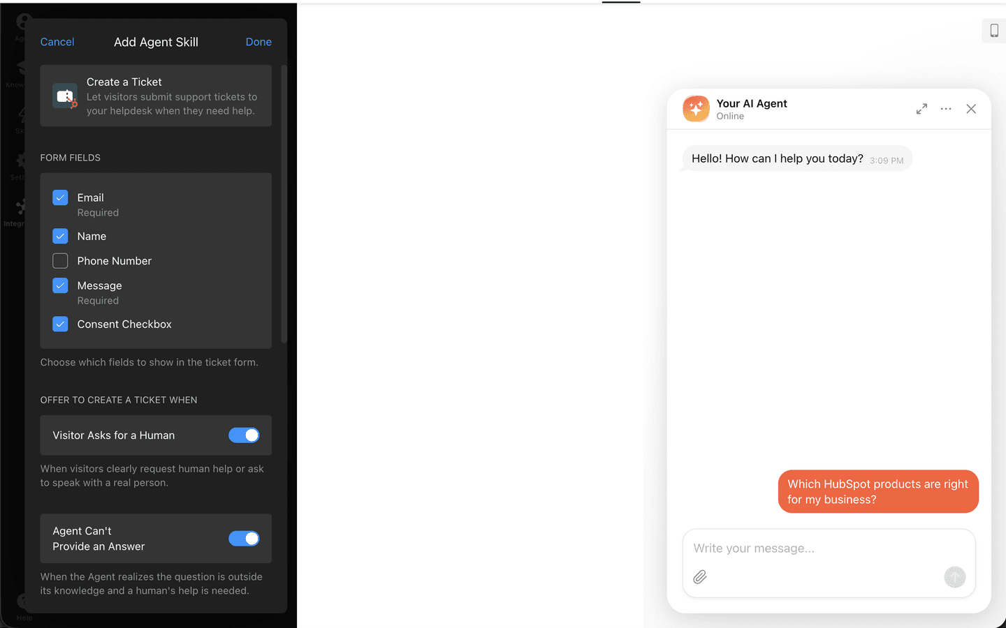 Add Agent Skill page for Create a Ticket, with Email and Message required and Visitor Asks for a Human turned on