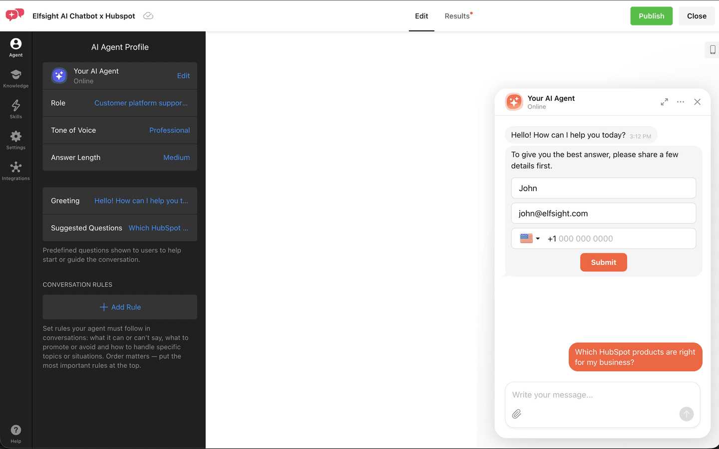 Chat widget showing a contact form with name John, email john@elfsight.com, a phone number, and a Submit button
