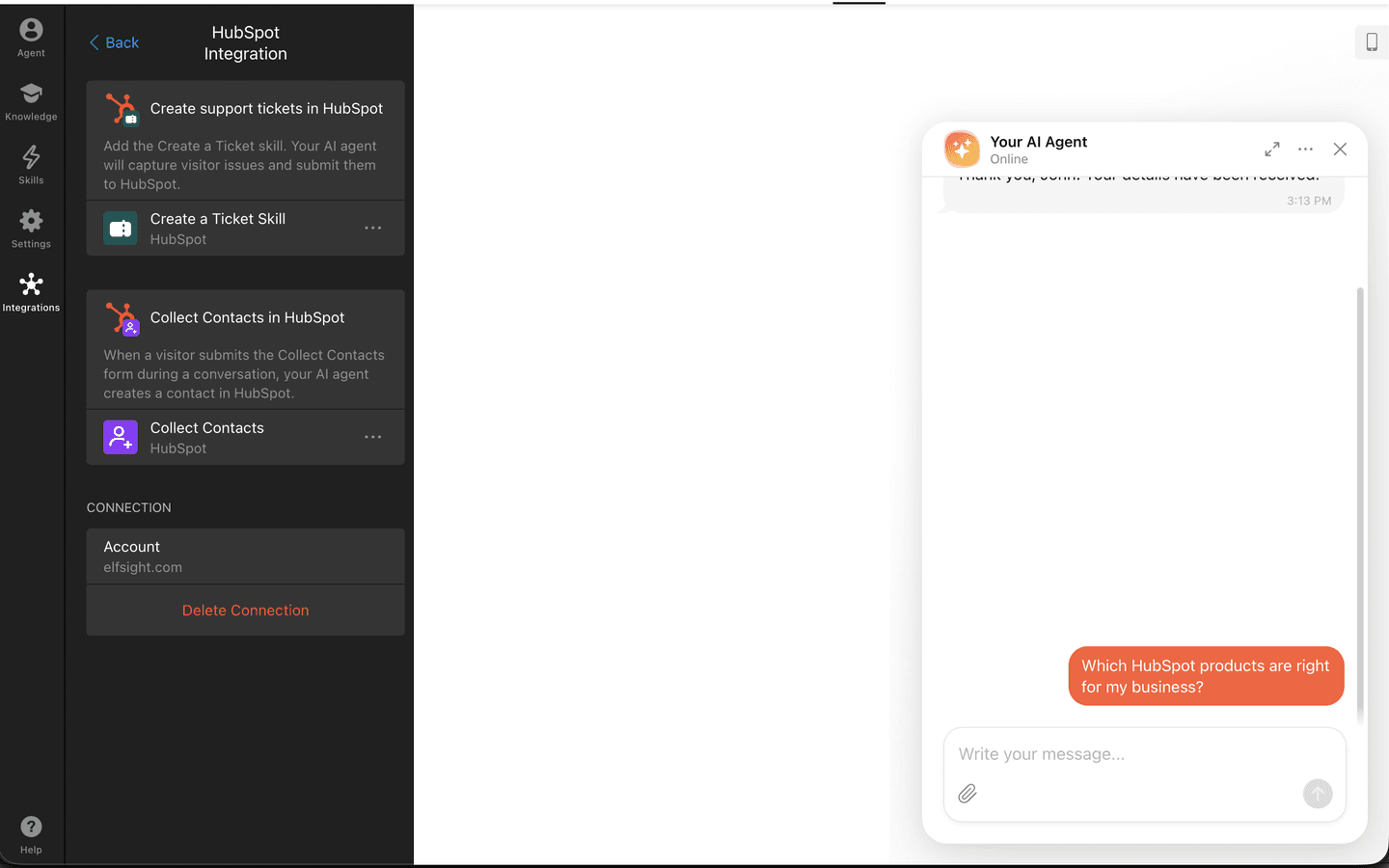 HubSpot integration page in the widget editor with Delete Connection under Connection