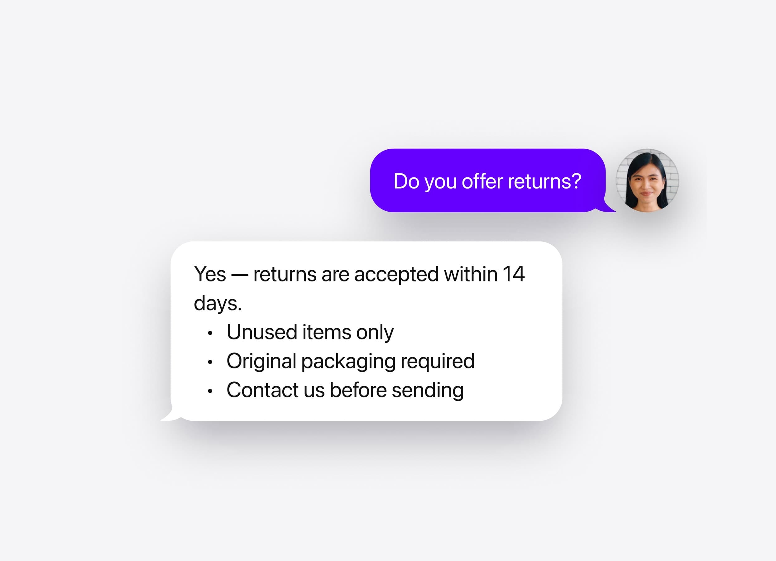 A returns question answered with the shop's own 14-day policy and its conditions