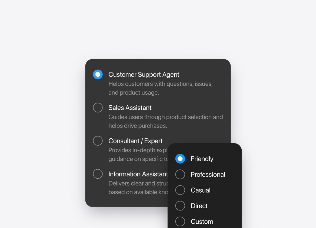 Agent role picker with tone of voice options — friendly, professional, casual, direct