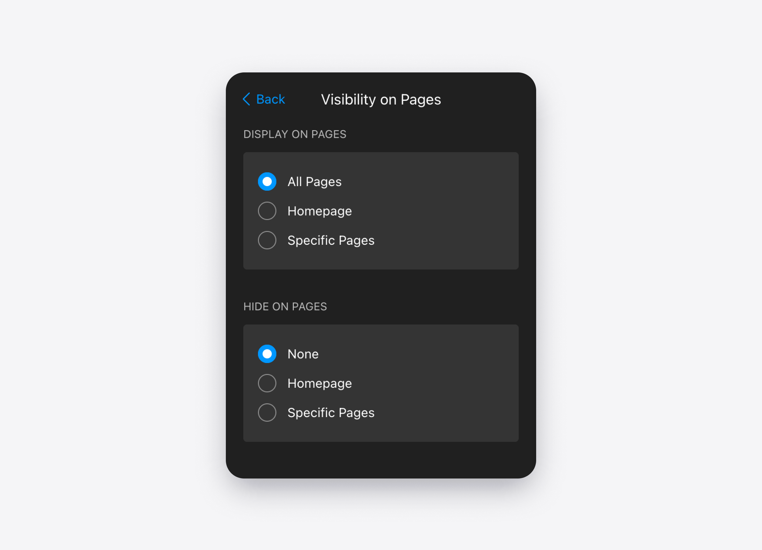 Visibility settings choosing which pages show or hide the AI Chatbot