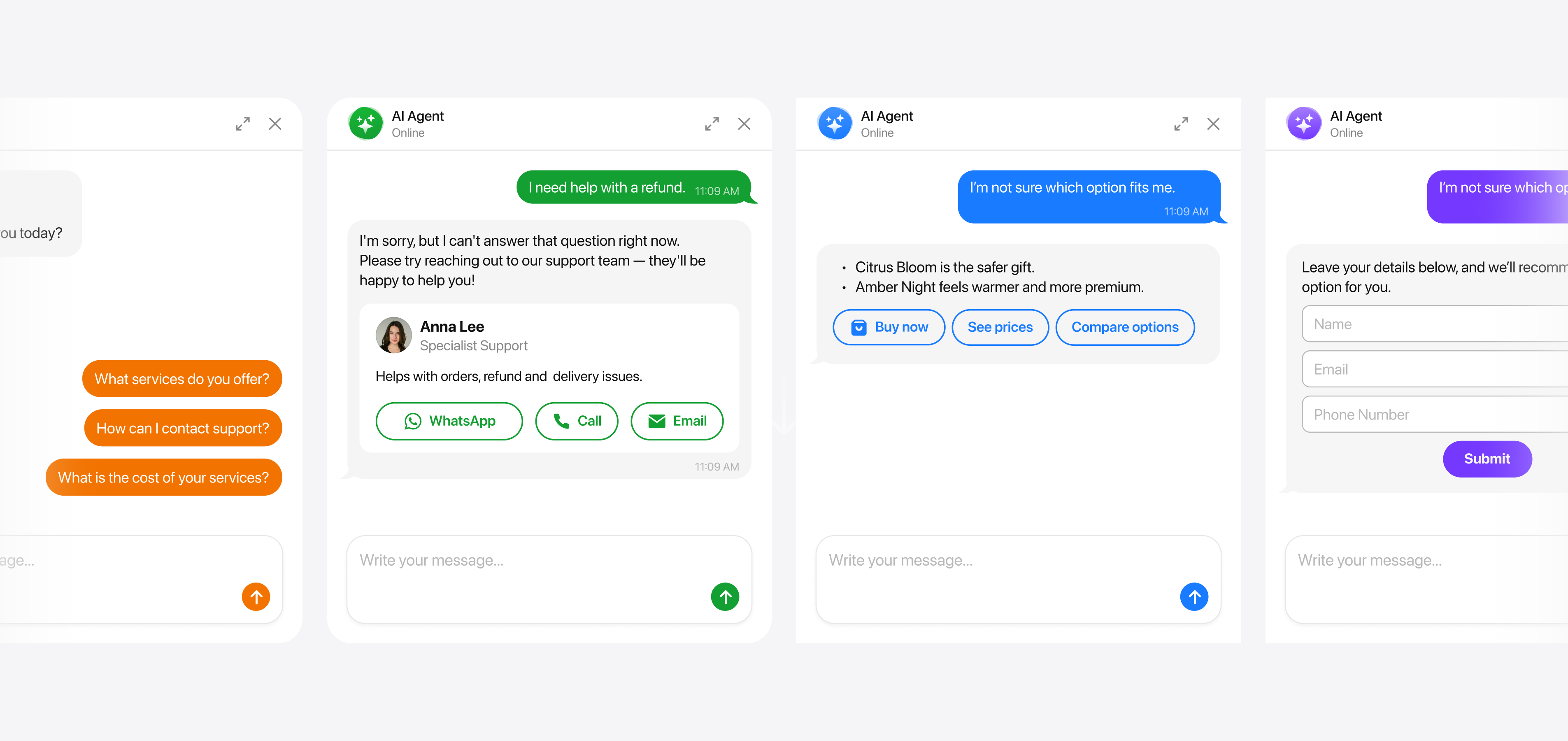 AI Agent skills: quick replies, human handoff, action buttons and a lead form