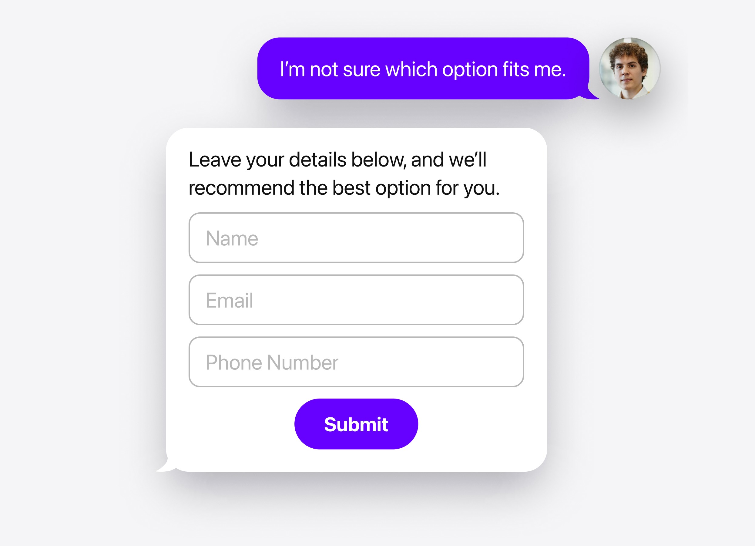 AI Chatbot collecting name, email and phone to recommend the best option