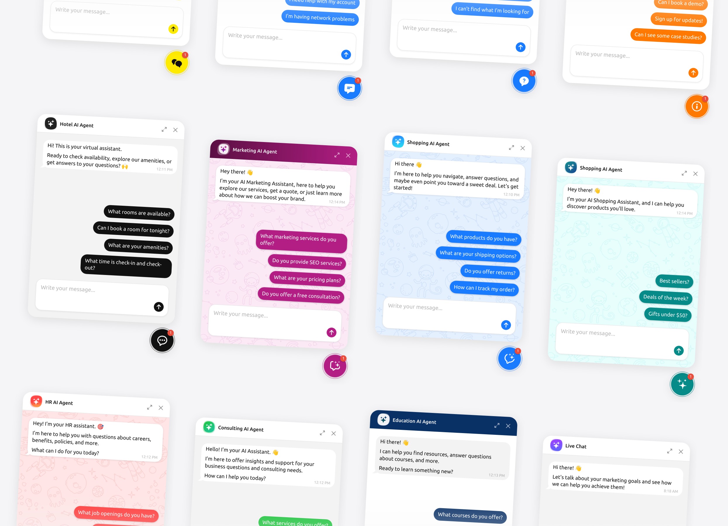 AI Chatbot widgets in different themes, launchers and layouts